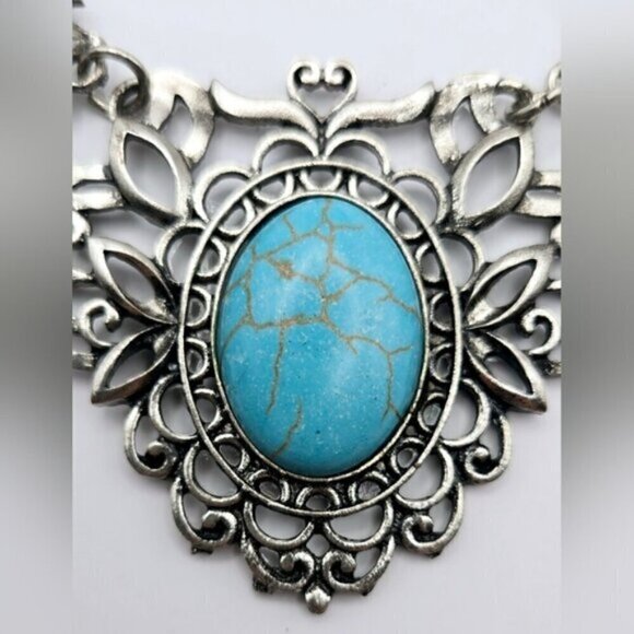 Boho Silver Filigree Faux Turquoise Statement Bib Necklace & Earring Set - Picture 6 of 10